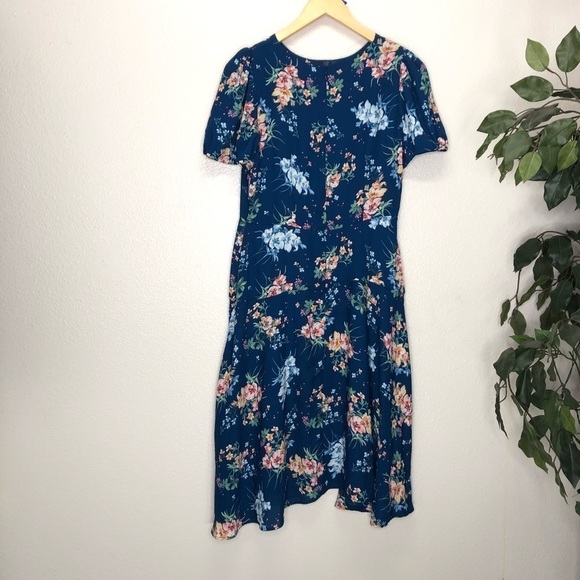 Loft Blue Floral Dress W Puffy Sleeves - Picture 6 of 9
